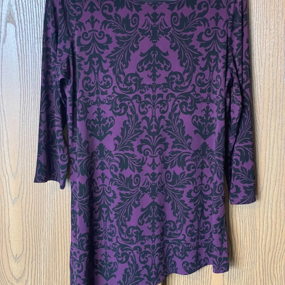 SUSAN GRAVER PURPLE & BLACK WOMEN’S TOP SIZE M SIDE KNOT 3/4 SLEEVES - Picture 3 of 5